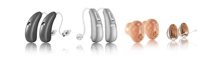 Rodzaje aparatów słuchowych ukazujące ich wielkość oraz umiejscowienie na uchu i w przewodzie słuchowym Pacjenta.