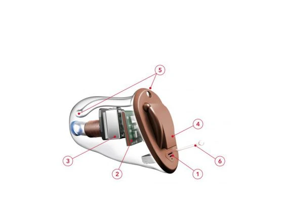 Douszne aparaty słuchowe przedstawione za pomocą schematu ukazującego rozmieszczenie słuchawki, wzmacniacza i mikrofonu.