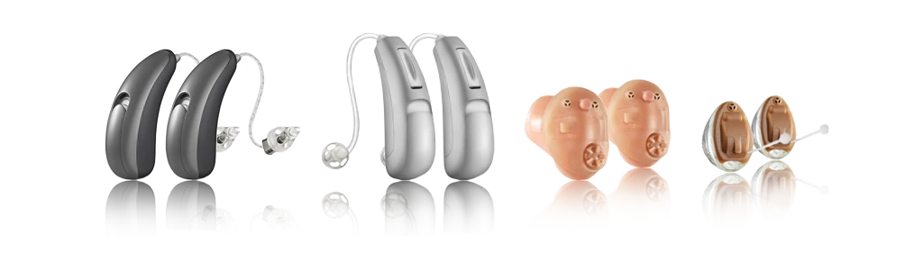 Rodzaje aparatów słuchowych ukazujące ich wielkość oraz umiejscowienie na uchu i w przewodzie słuchowym Pacjenta.